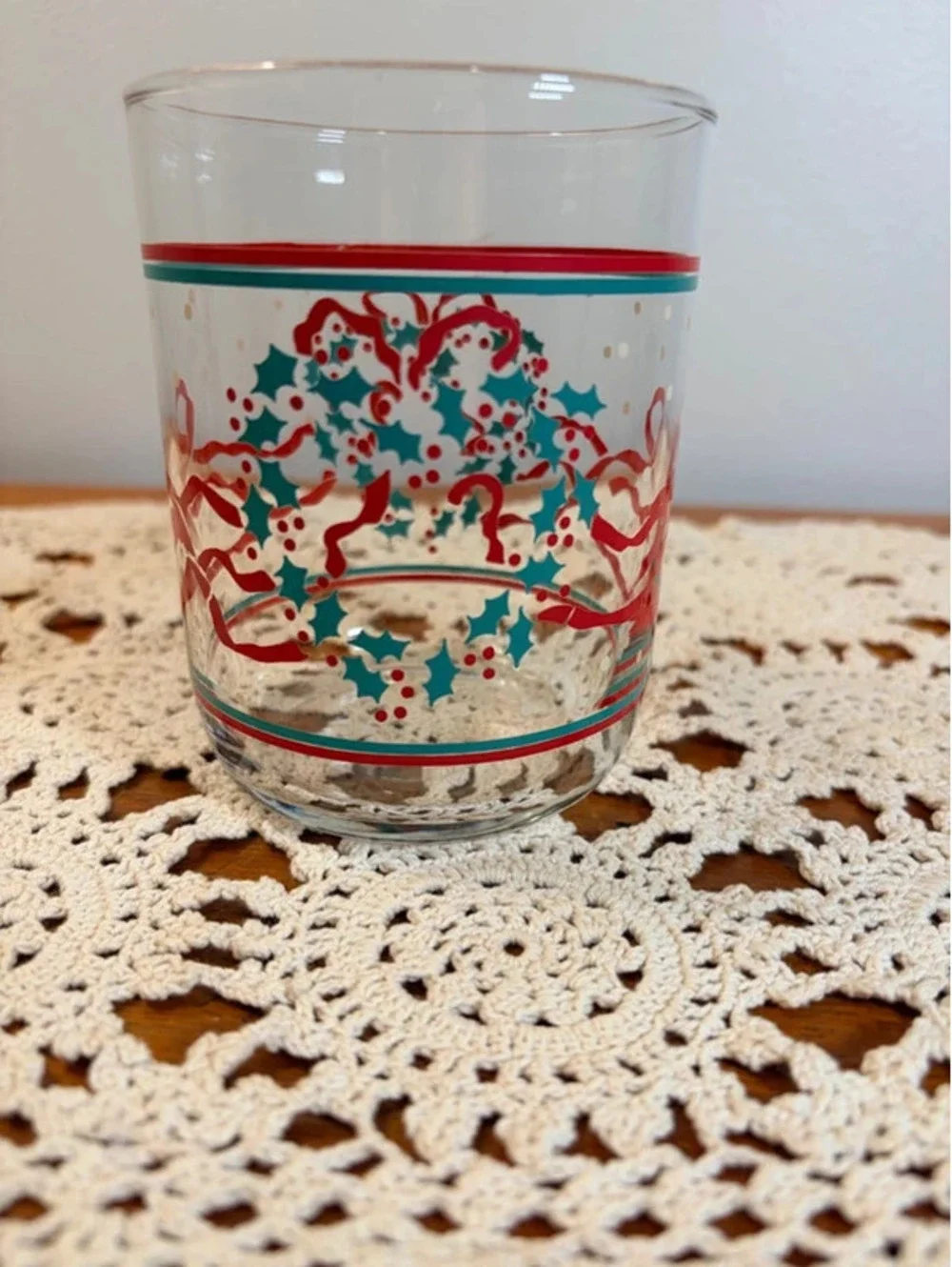 Vintage Christmas Holly & Ribbon Double Old Fashioned Glasses Set of 6